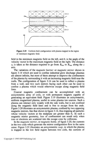 82 MOTION OF CHARGES IN ELECTRIC AND MAGNETIC FIELDS
1 c
7.
Figure 3.19 Uniform field configuration with plasma trapped in the region
of minimum magnetic field.
field in the minimum magnetic field on the left, and is the angle of the
velocity vector in the maximum magnetic field on the right. The distance
zo is taken as the distance required to go from &,, to B,, along the z
axis.
The variations of the magnetic barrier or magnetic mirror shown in
figure 3.14 which are used to confine industrial glow discharge plasmas
are almost infinite, but most of them attempt to improve the confinement
of the plasma by surrounding it with an increasing magnetic field near the
walls. The configuration of figure 3.14 can be used to reflect a plasma
from a wall, and two such mirrors facing each other can be used to
confine a plasma which would otherwise escape along magnetic field
lines.
Coaxial magnetic confinement can be accomplished with an
axisymmetric array of coils, or with permanent magnets capable of
generating an equivalent field. Figure 3.19 illustrates an axisymmetric,
uniform magnetized plasma, useful in some plasma ion sources. Such a
plasma can interact only weakly with the side walls, but is not confined
along the magnetic field lines and is free to escape from the ends.
Figure 3.20illustrates an axisymmetric plasma, confined by two opposing
magnetic mirrors, like that shown in figure 3.14, thus trapping all particles
whose velocity vectors at the midplane are greater than Oz. In such a
magnetic mirror geometry, loss of confinement can result only when
ions or electrons are scattered into the escape cone by collisions.
In the magnetic mirror, or magnetic bottle, of figure 3.20, the currents
in the two coils which generate the mirror configuration flow in the same
sense, Figure 3.21 illustrates an axisymmetric cusp, in which the plasma
is trapped in the low field region between two coils, the currents of
Copyright © 1995 IOP Publishing Ltd.
 