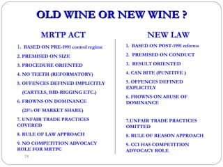 OLD WINE OR NEW WINE ? MRTP ACT 1 .  BASED ON PRE-1991 control regime 2. PREMISED ON SIZE 3. PROCEDURE ORIENTED 4. NO TEETH (REFORMATORY) 5. OFFENCES DEFINED IMPLICITLY  (CARTELS, BID-RIGGING ETC.) 6. FROWNS ON DOMINANCE (25% OF MARKET SHARE) 7. UNFAIR TRADE PRACTICES COVERED 8. RULE OF LAW APPROACH 9. NO COMPETITION ADVOCACY ROLE FOR MRTPC NEW LAW 1.  BASED ON POST-1991 reforms 2.  PREMISED ON CONDUCT  3.  RESULT ORIENTED 4. CAN BITE (PUNITIVE ) 5. OFFENCES DEFINED EXPLICITLY 6. FROWNS ON ABUSE OF  DOMINANCE 7.UNFAIR TRADE PRACTICES OMITTED 8. RULE OF REASON APPROACH 9. CCI HAS COMPETITION ADVOCACY ROLE 