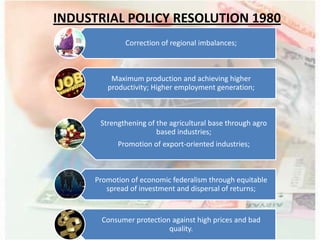 Correction of regional imbalances;
Maximum production and achieving higher
productivity; Higher employment generation;
Strengthening of the agricultural base through agro
based industries;
Promotion of export-oriented industries;
Promotion of economic federalism through equitable
spread of investment and dispersal of returns;
Consumer protection against high prices and bad
quality.
INDUSTRIAL POLICY RESOLUTION 1980
 