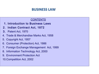 BUSINESS LAW
CONTENTS
1. Introduction to Business Laws
2. Indian Contract Act, 1872
3. Patent Act, 1970
4. Trade & Merchandise Marks Act, 1958
5. Copyright Act, 1957
6. Consumer (Protection) Act, 1986
7. Foreign Exchange Management Act, 1999
8. Information Technology Act, 2000
9. Environment Protection Act
10.Competition Act, 2002
 