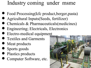 Industry coming under msme
 Food Processing(kfc product,berger,pasta)
 Agricultural Inputs(Seeds, fertilizer)
 Chemicals & Pharmaceuticals(medicines)
 Engineering; Electricals, Electronics
 Electro-medical equipment
 Textiles and Garments
 Meat products
 Sports goods
 Plastics products
 Computer Software, etc.
 