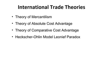 International Trade Theories
• Theory of Mercantilism
• Theory of Absolute Cost Advantage
• Theory of Comparative Cost Advantage
• Heckscher-Ohlin Model Leonief Paradox
 