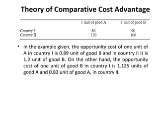 Theory of Comparative Cost Advantage
• In the example given, the opportunity cost of one unit of
A in country I is 0.89 unit of good B and in country II it is
1.2 unit of good B. On the other hand, the opportunity
cost of one unit of good B in country I is 1.125 units of
good A and 0.83 unit of good A, in country II.
 