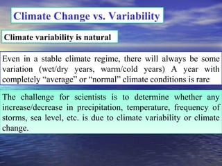 Climate Change vs. Variability
Even in a stable climate regime, there will always be some
variation (wet/dry years, warm/cold years) A year with
completely “average” or “normal” climate conditions is rare
Climate variability is natural
The challenge for scientists is to determine whether any
increase/decrease in precipitation, temperature, frequency of
storms, sea level, etc. is due to climate variability or climate
change.
The challenge for scientists is to determine whether any
increase/decrease in precipitation, temperature, frequency of
storms, sea level, etc. is due to climate variability or climate
change.
 