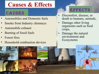 Causes
effeCts
• Discomfort, disease, or
death to humans, animals,
• Damage other living
organisms such as food
crops,
• Damage the natural
environment and
Ecosystems
Causes & Effects
• Automobiles and Domestic fuels
• Smoke from Industry chimneys
• Automobile exhaust
• Burning of fossil fuels
• Forest fires
• Household combustion devices
 