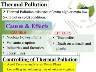  Thermal Pollution existence of extra high or extra low
(extra hot or cold) condition.
Thermal Pollution
Causes
• Nuclear Power Plants
• Volcanic eruption
• Industries and factories
• Forest Fires
effeCts
• Discomfort
• Death on animals and
plants
Causes & Effects
Controlling of Thermal Pollution
• Avoid Constructing Nuclear Power Plants
• Controlling and informing time of volcanic eruption
 
