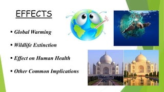 EFFECTS
 Global Warming
 Wildlife Extinction
 Effect on Human Health
 Other Common Implications
 