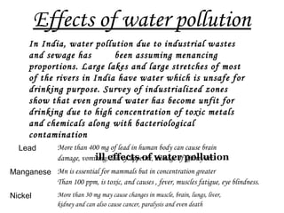 Effects of water pollution
In India, water pollution due to industrial wastes
and sewage has been assuming menancing
proportions. Large lakes and large stretches of most
of the rivers in India have water which is unsafe for
drinking purpose. Survey of industrialized zones
show that even ground water has become unfit for
drinking due to high concentration of toxic metals
and chemicals along with bacteriological
contamination
ill effects of water pollution
Lead More than 400 mg of lead in human body can cause brain
damage, vomiting, loss of appetite, damage of kidney etc.
Manganese Mn is essential for mammals but in concentration greater
Than 100 ppm, is toxic, and causes , fever, muscles fatigue, eye blindness.
Nickel More than 30 mg may cause changes in muscle, brain, lungs, liver,
kidney and can also cause cancer, paralysis and even death
 