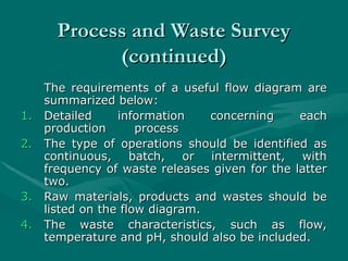 Process and Waste Survey
Process and Waste Survey
(continued)
(continued)
The requirements of a useful flow diagram are
The requirements of a useful flow diagram are
summarized below:
summarized below:
1.
1. Detailed information concerning each
Detailed information concerning each
production process
production process
2.
2. The type of operations should be identified as
The type of operations should be identified as
continuous, batch, or intermittent, with
continuous, batch, or intermittent, with
frequency of waste releases given for the latter
frequency of waste releases given for the latter
two.
two.
3.
3. Raw materials, products and wastes should be
Raw materials, products and wastes should be
listed on the flow diagram.
listed on the flow diagram.
4.
4. The waste characteristics, such as flow,
The waste characteristics, such as flow,
temperature and pH, should also be included.
temperature and pH, should also be included.
 