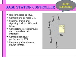 base statioN coNtroller 
 It is connected to MSC. 
 Controls one or more BTS. 
 Switches traffic and 
signaling to/from BTSs and 
MSC. 
 Connects terrestrial circuits 
and channels on air 
interface. 
 Controls handover 
performed by BTS. 
 Frequency allocation and 
power control. 
raDio 
subsystem 
 