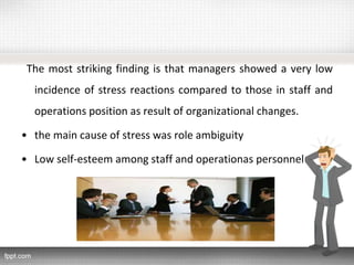The most striking finding is that managers showed a very low
incidence of stress reactions compared to those in staff and
operations position as result of organizational changes.
• the main cause of stress was role ambiguity
• Low self-esteem among staff and operationas personnel
 