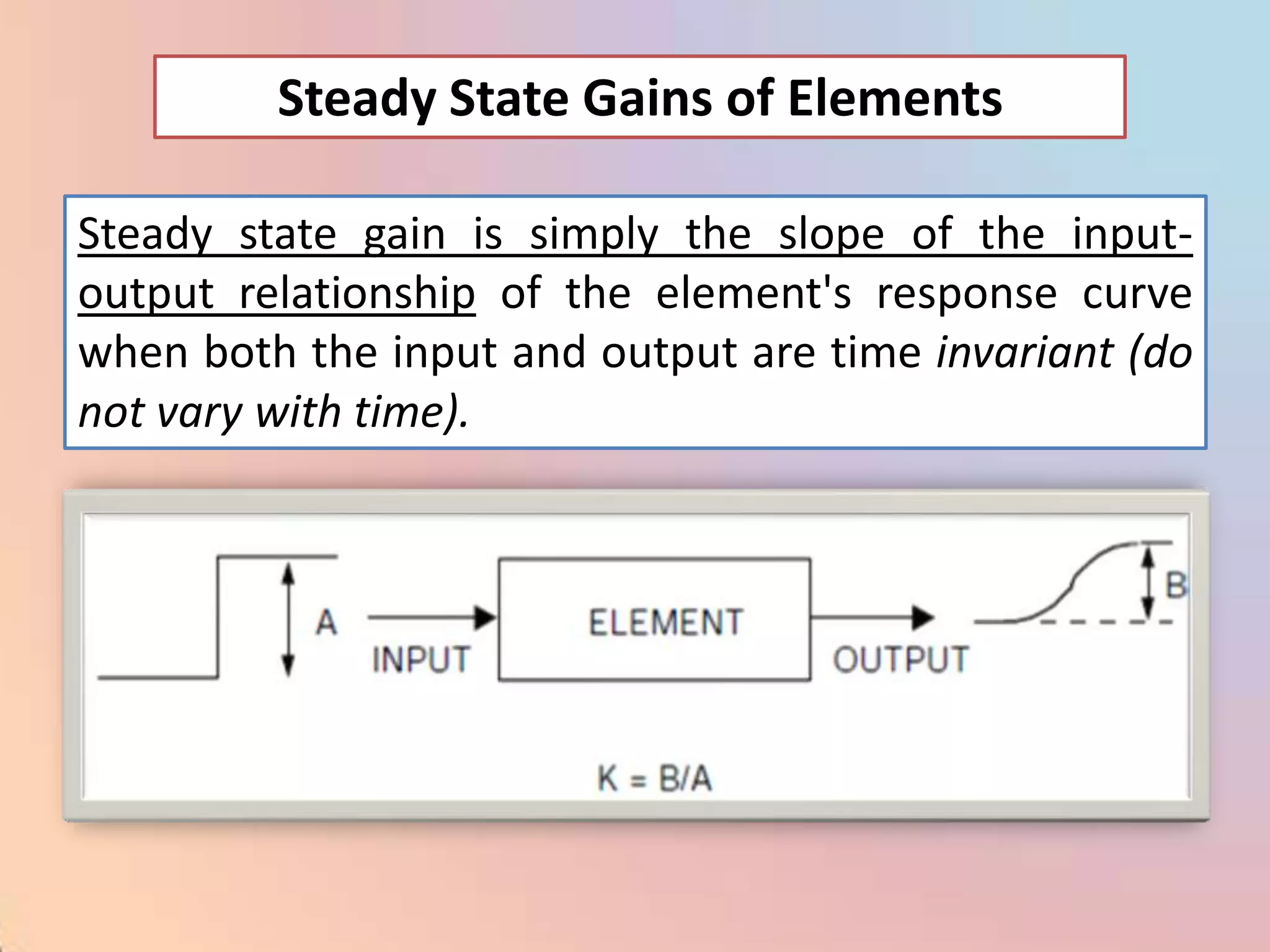Steady State Gains of Elements

Steady state gain is simply the slope of the input-
output relationship of the element's response curve
when both the input and output are time invariant (do
not vary with time).
 