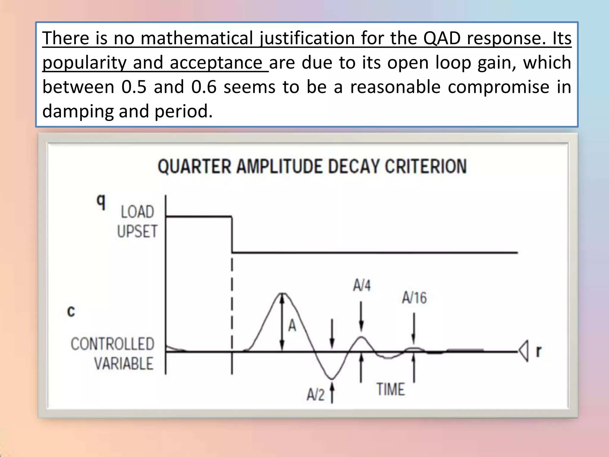 There is no mathematical justification for the QAD response. Its
popularity and acceptance are due to its open loop gain, which
between 0.5 and 0.6 seems to be a reasonable compromise in
damping and period.
 