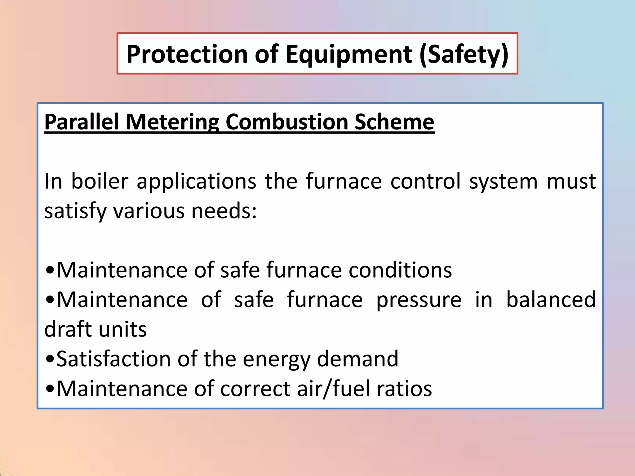 Protection of Equipment (Safety)

Parallel Metering Combustion Scheme

In boiler applications the furnace control system must
satisfy various needs:

•Maintenance of safe furnace conditions
•Maintenance of safe furnace pressure in balanced
draft units
•Satisfaction of the energy demand
•Maintenance of correct air/fuel ratios
 