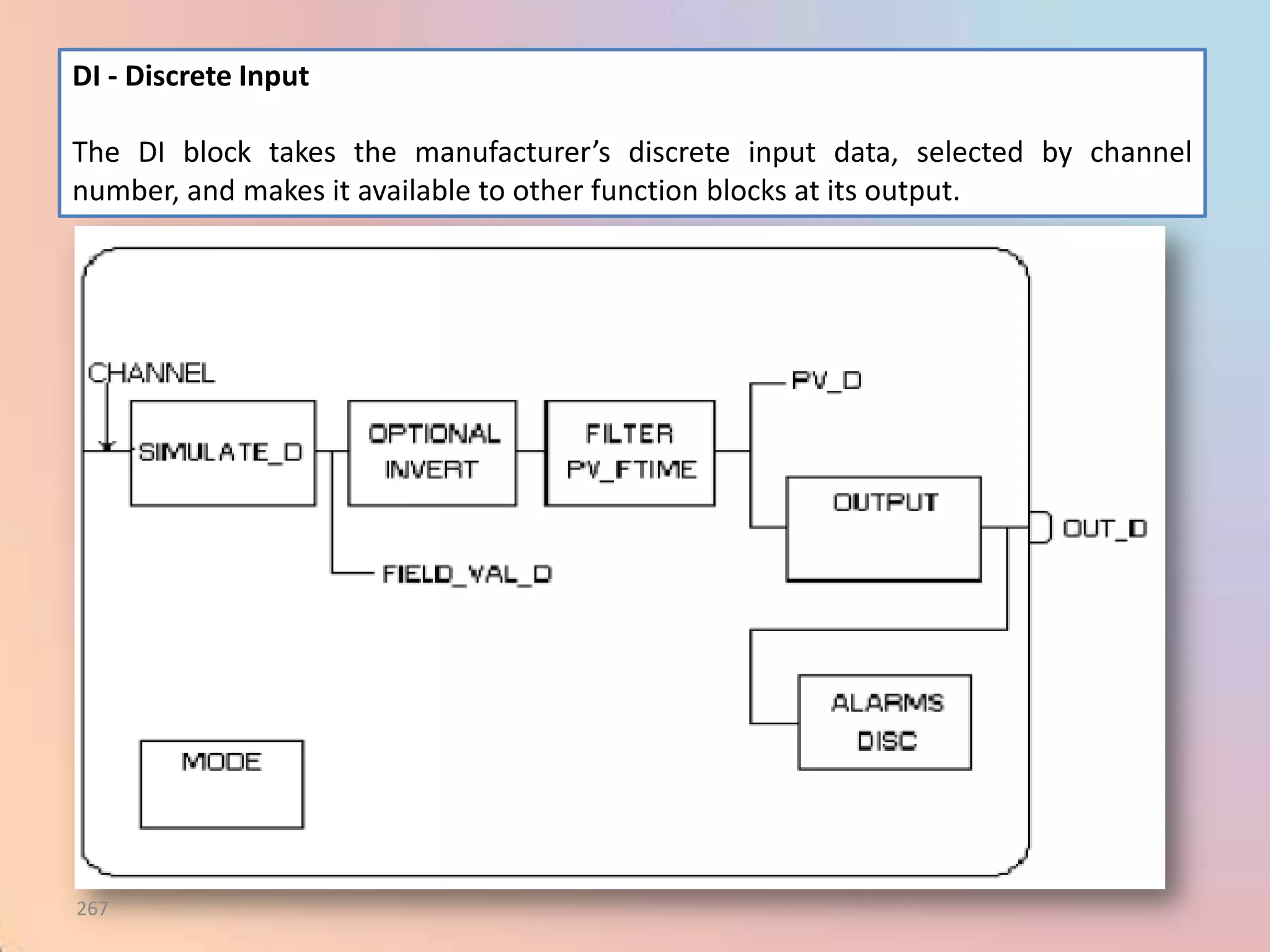 DI - Discrete Input

The DI block takes the manufacturer’s discrete input data, selected by channel
number, and makes it available to other function blocks at its output.




267
 