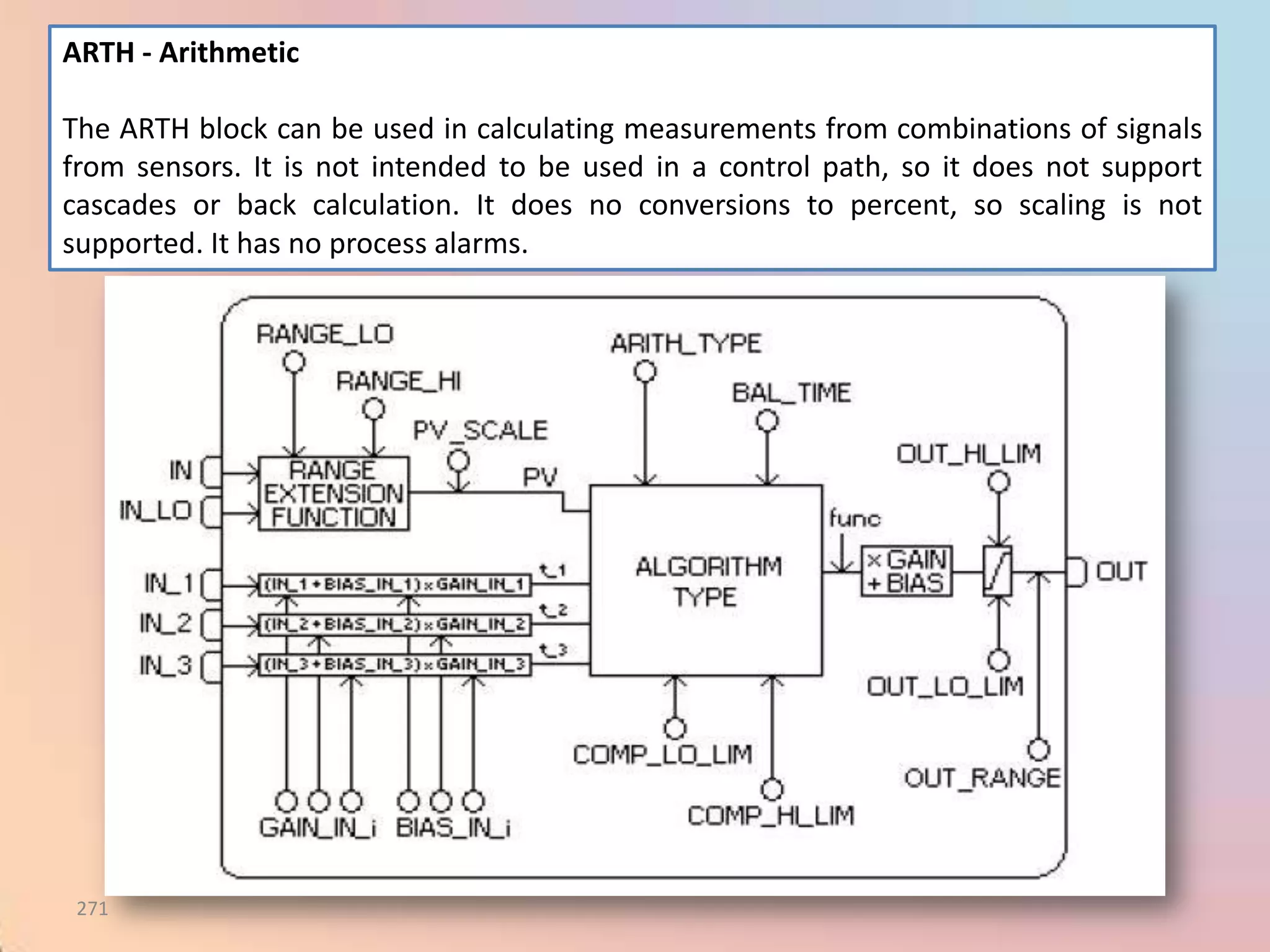 ARTH - Arithmetic

The ARTH block can be used in calculating measurements from combinations of signals
from sensors. It is not intended to be used in a control path, so it does not support
cascades or back calculation. It does no conversions to percent, so scaling is not
supported. It has no process alarms.




 271
 
