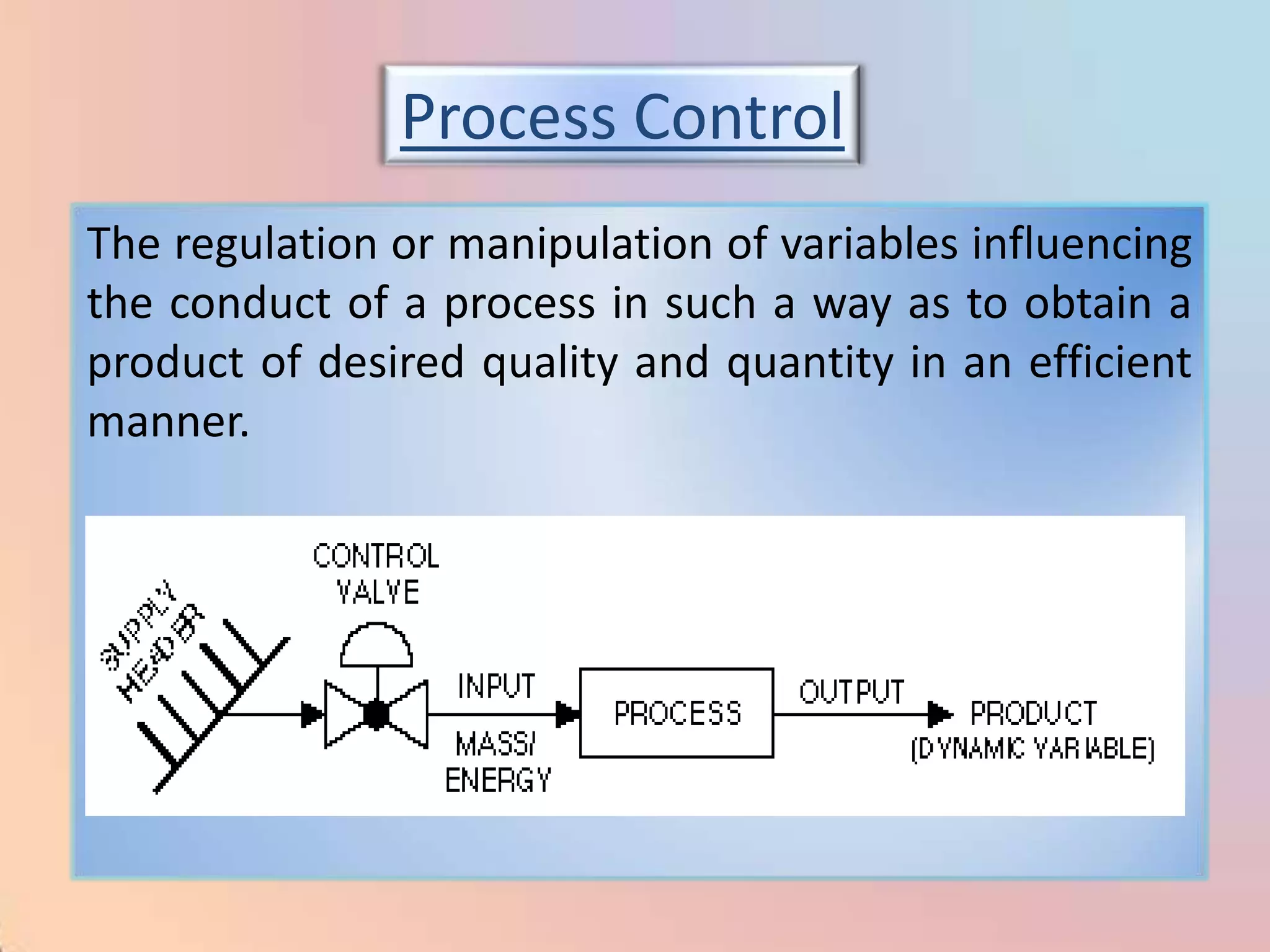 Process Control
The regulation or manipulation of variables influencing
the conduct of a process in such a way as to obtain a
product of desired quality and quantity in an efficient
manner.
 