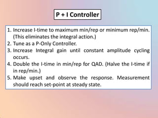 P + I Controller

1. Increase I-time to maximum min/rep or minimum rep/min.
   (This eliminates the integral action.)
2. Tune as a P-Only Controller.
3. Increase Integral gain until constant amplitude cycling
   occurs.
4. Double the I-time in min/rep for QAD. (Halve the I-time if
   in rep/min.)
5. Make upset and observe the response. Measurement
   should reach set-point at steady state.
 