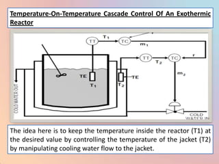 Temperature-On-Temperature Cascade Control Of An Exothermic
Reactor




The idea here is to keep the temperature inside the reactor (T1) at
the desired value by controlling the temperature of the jacket (T2)
by manipulating cooling water flow to the jacket.
 