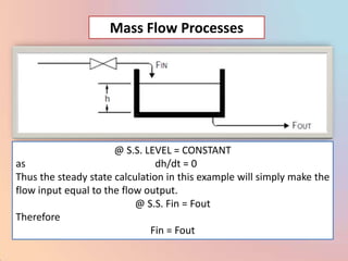 Mass Flow Processes




                      @ S.S. LEVEL = CONSTANT
as                              dh/dt = 0
Thus the steady state calculation in this example will simply make the
flow input equal to the flow output.
                           @ S.S. Fin = Fout
Therefore
                              Fin = Fout
 