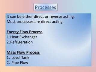 Processes
It can be either direct or reverse acting.
Most processes are direct acting.

Energy Flow Process
1.Heat Exchanger
2.Refrigeration

Mass Flow Process
1. Level Tank
2. Pipe Flow
 