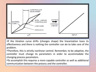 •If the titration curve drifts (changes shape) the linearization loses its
effectiveness and there is nothing the controller can do to take care of the
problem.
•Therefore, this is strictly nonlinear control. Remember, to be adaptive, the
controller must change its parameters in order to accommodate the
changing process parameters.
•To accomplish this requires a more capable controller as well as additional
communication between the process and the controller.
 