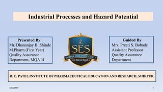 Industrial Processes and Hazard Potential
Presented By
Mr. Dhananjay B. Shinde
M.Pharm (First Year)
Quality Assurance
Department, MQA14
Guided By
Mrs. Preeti S. Bobade
Assistant Professor
Quality Assurance
Department
R. C. PATEL INSTITUTE OF PHARMACEUTICAL EDUCATION AND RESEARCH, SHIRPUR
1
7/22/2023
 