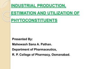 INDUSTRIAL PRODUCTION,
ESTIMATION AND UTILIZATION OF
PHYTOCONSTITUENTS
Presented By:
Mahewash Sana A. Pathan.
Department of Pharmaceutics,
R. P. College of Pharmacy, Osmanabad.
 