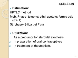  Estimation:
HPTLC method
Mob. Phase- toluene: ethyl acetate: formic acid
(5:4:1)
St. phase- Silica gel F 254
 Utilization:
1. As a precursor for steroidal synthesis
2. In preparation of oral contraceptives
3. In treatment of rheumatism.
13
DIOSGENIN
 