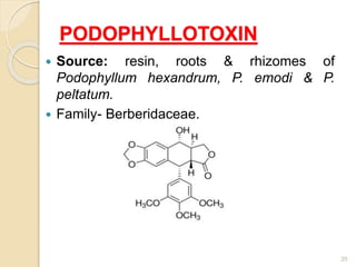 PODOPHYLLOTOXIN
 Source: resin, roots & rhizomes of
Podophyllum hexandrum, P. emodi & P.
peltatum.
 Family- Berberidaceae.
20
 