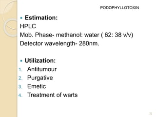  Estimation:
HPLC
Mob. Phase- methanol: water ( 62: 38 v/v)
Detector wavelength- 280nm.
 Utilization:
1. Antitumour
2. Purgative
3. Emetic
4. Treatment of warts
22
PODOPHYLLOTOXIN
 