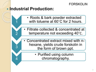  Industrial Production:
3
1
• Roots & bark powder extracted
with toluene at 60˚C for 2 hours.
2
• Filtrate collected & concentrated at
temperature not exceeding 40˚C.
3
• Concentrated extract mixed with n-
hexane, yields crude forskolin in
the form of brown ppt.
4
• Purified using column
chromatography.
FORSKOLIN
 