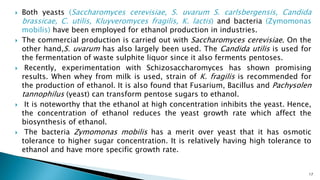  Both yeasts (Saccharomyces cerevisiae, S. uvarum S. carlsbergensis, Candida
brassicae, C. utilis, Kluyveromyces fragilis, K. lactis) and bacteria (Zymomonas
mobilis) have been employed for ethanol production in industries.
 The commercial production is carried out with Saccharomyces cerevisiae. On the
other hand,S. uvarum has also largely been used. The Candida utilis is used for
the fermentation of waste sulphite liquor since it also ferments pentoses.
 Recently, experimentation with Schizosaccharomyces has shown promising
results. When whey from milk is used, strain of K. fragilis is recommended for
the production of ethanol. It is also found that Fusarium, Bacillus and Pachysolen
tannophilus (yeast) can transform pentose sugars to ethanol.
 It is noteworthy that the ethanol at high concentration inhibits the yeast. Hence,
the concentration of ethanol reduces the yeast growth rate which affect the
biosynthesis of ethanol.
 The bacteria Zymomonas mobilis has a merit over yeast that it has osmotic
tolerance to higher sugar concentration. It is relatively having high tolerance to
ethanol and have more specific growth rate.
17
 