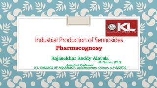 Industrial Production of Sennosides
Pharmacognosy
Rajasekhar Reddy Alavala
M. Pharm., (PhD)
Assistant Professor,
K L COLLEGE OF PHARMACY, Vaddeswaram, Guntur, A.P-522502
 