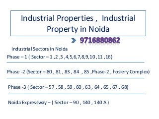 Industrial Properties , Industrial
Property in Noida
Industrial Sectors in Noida
Phase – 1 ( Sector – 1 ,2 ,3 ,4,5,6,7,8,9,10 ,11 ,16)
Phase -2 (Sector – 80 , 81 , 83 , 84 , 85 ,Phase-2 , hosiery Complex)
Phase -3 ( Sector – 57 , 58 , 59 , 60 , 63 , 64 , 65 , 67 , 68)
Noida Expressway – ( Sector – 90 , 140 , 140 A )
 