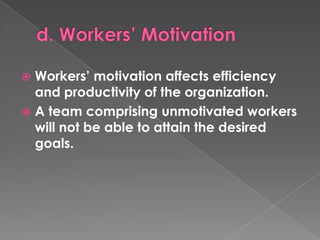 Workers’ motivation affects efficiency
and productivity of the organization.
 A team comprising unmotivated workers
will not be able to attain the desired
goals.


 