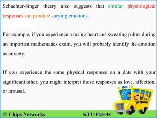 Schachter-Singer theory also suggests that similar physiological
responses can produce varying emotions.
For example, if you experience a racing heart and sweating palms during
an important mathematics exam, you will probably identify the emotion
as anxiety.
If you experience the same physical responses on a date with your
significant other, you might interpret those responses as love, affection,
or arousal.
 