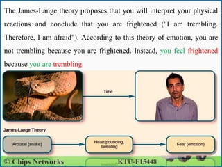 The James-Lange theory proposes that you will interpret your physical
reactions and conclude that you are frightened ("I am trembling.
Therefore, I am afraid"). According to this theory of emotion, you are
not trembling because you are frightened. Instead, you feel frightened
because you are trembling.
 