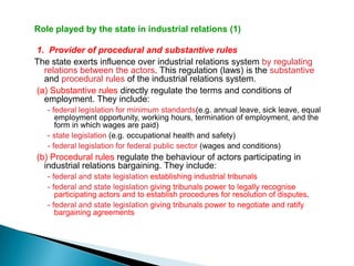Role played by the state in industrial relations (1)

1. Provider of procedural and substantive rules
The state exerts influence over industrial relations system by regulating
  relations between the actors. This regulation (laws) is the substantive
  and procedural rules of the industrial relations system.
(a) Substantive rules directly regulate the terms and conditions of
  employment. They include:
   - federal legislation for minimum standards(e.g. annual leave, sick leave, equal
      employment opportunity, working hours, termination of employment, and the
      form in which wages are paid)
   - state legislation (e.g. occupational health and safety)
   - federal legislation for federal public sector (wages and conditions)
(b) Procedural rules regulate the behaviour of actors participating in
  industrial relations bargaining. They include:
   - federal and state legislation establishing industrial tribunals
   - federal and state legislation giving tribunals power to legally recognise
      participating actors and to establish procedures for resolution of disputes.
   - federal and state legislation giving tribunals power to negotiate and ratify
      bargaining agreements
 