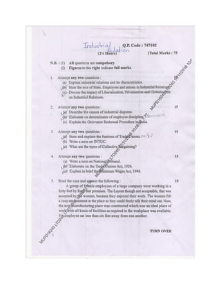 BMS 5th SEM Question Paper:- Industrial Relation