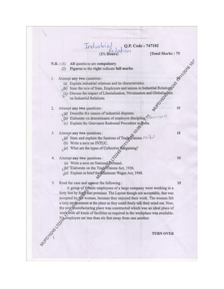 BMS 5th SEM Question Paper:- Industrial Relation | PDF
