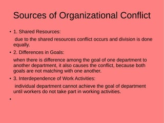 Sources of Organizational Conflict
● 1. Shared Resources:
due to the shared resources conflict occurs and division is done
equally.
● 2. Differences in Goals:
when there is difference among the goal of one department to
another department, it also causes the conflict, because both
goals are not matching with one another.
● 3. Interdependence of Work Activities:
individual department cannot achieve the goal of department
until workers do not take part in working activities.
●
 