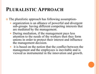 PLURALISTIC APPROACH
 The pluralistic approach has following assumption-
 organization is an alliance of powerful and divergent
sub-groups having different competing interests that
are mediated by the management.
 During mediation, if the management pays less
attention to the needs of the workers then they form
unions in order to protect their interest and influence
the management decision.
 it is based on the notion that the conflict between the
management and the employees is inevitable and is
viewed as instrumental in the innovation and growth.
 