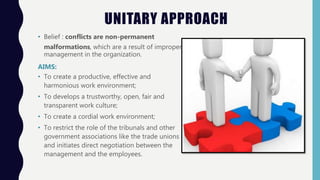 UNITARY APPROACH
• Belief : conflicts are non-permanent
malformations, which are a result of improper
management in the organization.
AIMS:
• To create a productive, effective and
harmonious work environment;
• To develops a trustworthy, open, fair and
transparent work culture;
• To create a cordial work environment;
• To restrict the role of the tribunals and other
government associations like the trade unions
and initiates direct negotiation between the
management and the employees.
 