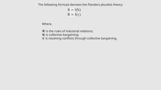 The following formula denotes the Flanders pluralist theory:
Where,
‘R‘ is the rules of industrial relations;
‘b‘ is collective bargaining;
‘c‘ is resolving conflicts through collective bargaining.
 