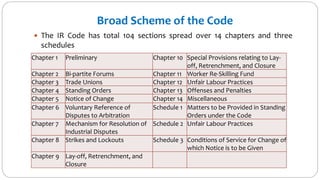Broad Scheme of the Code
 The IR Code has total 104 sections spread over 14 chapters and three
schedules
Chapter 1 Preliminary Chapter 10 Special Provisions relating to Lay-
off, Retrenchment, and Closure
Chapter 2 Bi-partite Forums Chapter 11 Worker Re-Skilling Fund
Chapter 3 Trade Unions Chapter 12 Unfair Labour Practices
Chapter 4 Standing Orders Chapter 13 Offenses and Penalties
Chapter 5 Notice of Change Chapter 14 Miscellaneous
Chapter 6 Voluntary Reference of
Disputes to Arbitration
Schedule 1 Matters to be Provided in Standing
Orders under the Code
Chapter 7 Mechanism for Resolution of
Industrial Disputes
Schedule 2 Unfair Labour Practices
Chapter 8 Strikes and Lockouts Schedule 3 Conditions of Service for Change of
which Notice is to be Given
Chapter 9 Lay-off, Retrenchment, and
Closure
 