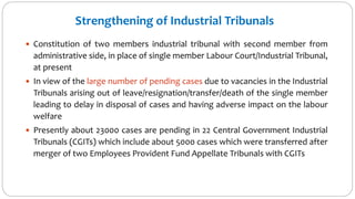 Strengthening of Industrial Tribunals
 Constitution of two members industrial tribunal with second member from
administrative side, in place of single member Labour Court/Industrial Tribunal,
at present
 In view of the large number of pending cases due to vacancies in the Industrial
Tribunals arising out of leave/resignation/transfer/death of the single member
leading to delay in disposal of cases and having adverse impact on the labour
welfare
 Presently about 23000 cases are pending in 22 Central Government Industrial
Tribunals (CGITs) which include about 5000 cases which were transferred after
merger of two Employees Provident Fund Appellate Tribunals with CGITs
 