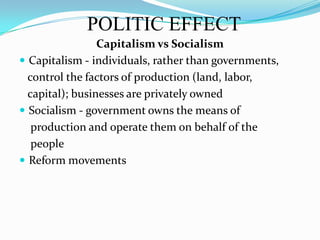 POLITIC EFFECTCapitalism vs SocialismCapitalism - individuals, rather than governments,   control the factors of production (land, labor,   capital); businesses are privately ownedSocialism - government owns the means of    production and operate them on behalf of the    peopleReform movements