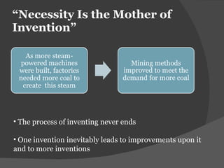 “ Necessity Is the Mother of Invention” The process of inventing never ends One invention inevitably leads to improvements upon it and to more inventions 