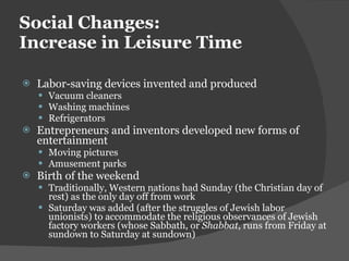 Social Changes: Increase in Leisure Time Labor-saving devices invented and produced Vacuum cleaners Washing machines Refrigerators Entrepreneurs and inventors developed new forms of entertainment Moving pictures Amusement parks Birth of the weekend Traditionally, Western nations had Sunday (the Christian day of rest) as the only day off from work Saturday was added (after the struggles of Jewish labor unionists) to accommodate the religious observances of Jewish factory workers (whose Sabbath, or  Shabbat , runs from Friday at sundown to Saturday at sundown) 